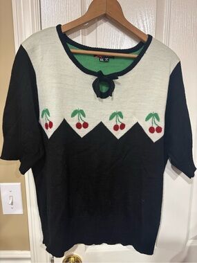 Hell Bunny Black White Knit Top with Red Cherry and Green Leaves